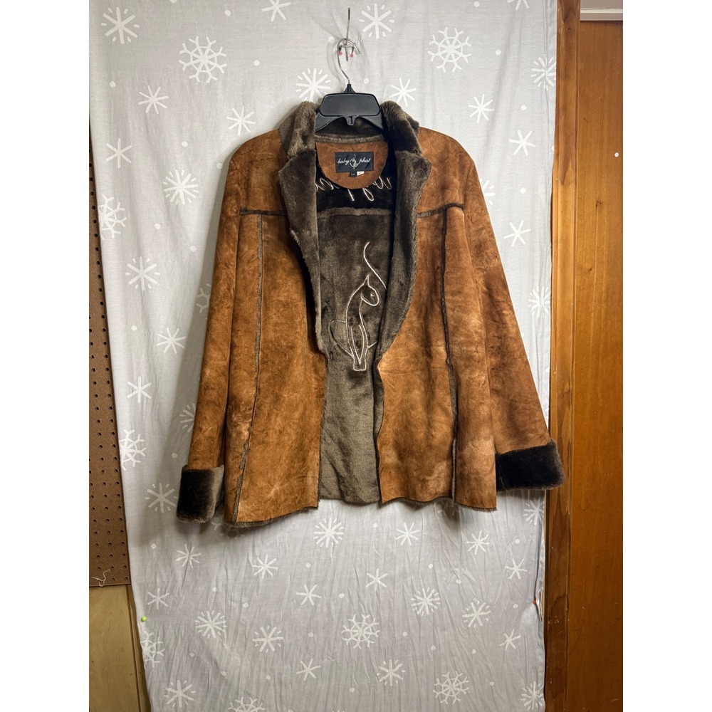 Baby Phat Vintage Y2K Faux Suede Fur Trim Embroidered Cat Logo Jacket Brown L